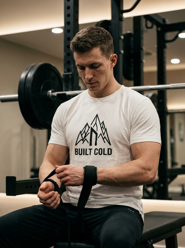 Male hybrid athlete wearing the Nordstoke Built Cold tee with Norse mountain print in a gym