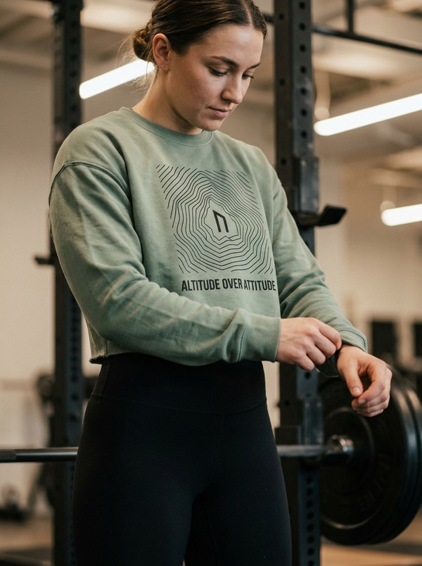 Female hybrid athlete wearing the Nordstoke Altitude cropped sweatshirt in a gym
