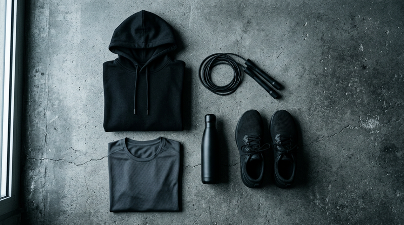 Dark minimalist hybrid training kit flat lay — hoodie, tee and running shoes on concrete