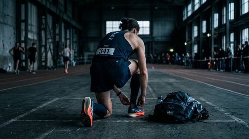 Athlete tying running shoes before a Hyrox race in a dark arena