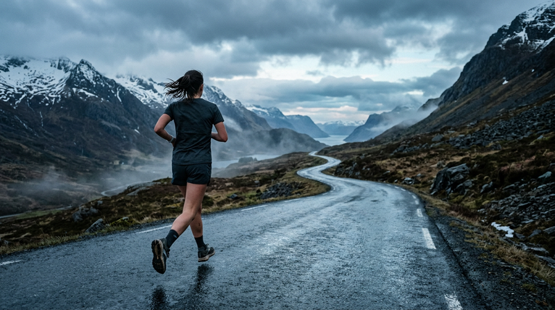 Runner in minimalist training tee on a wet Nordic road at dawn