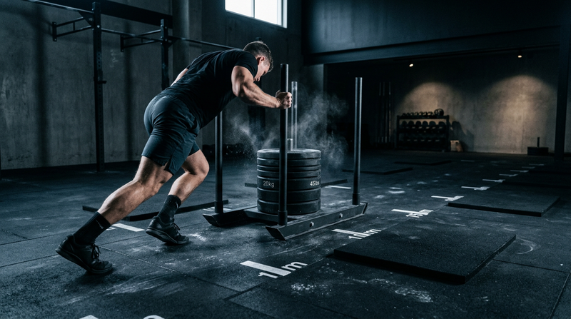 Athlete pushing a weighted sled across a dark gym floor