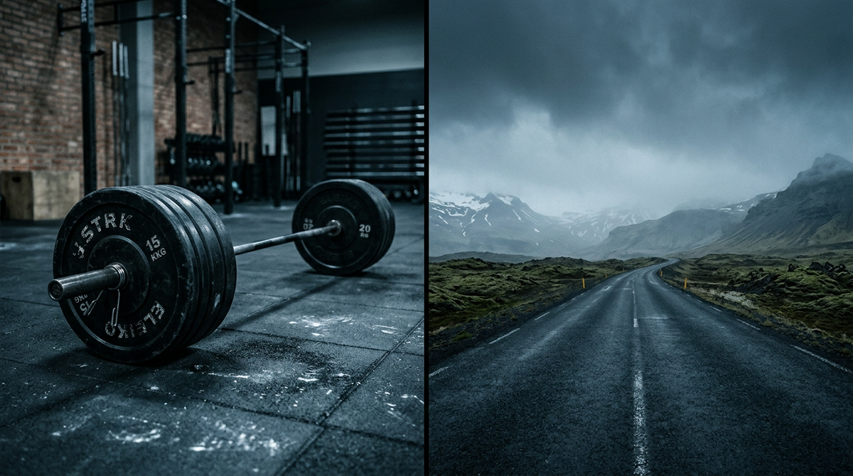 Barbell in a dark gym beside a misty Nordic road — strength and endurance