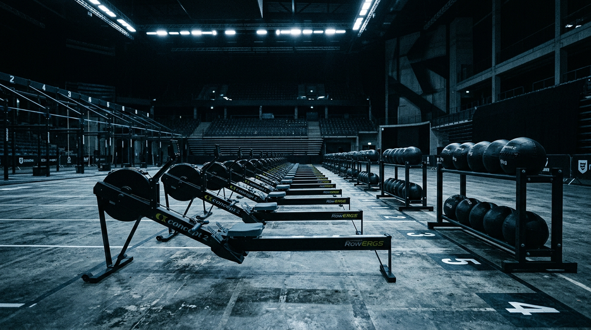 Rowing machines and wall balls in a dark Hyrox competition arena