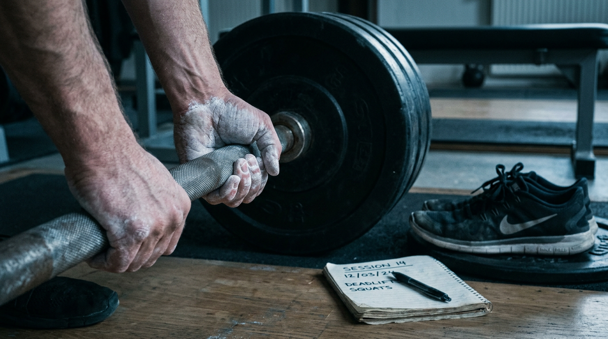 Chalk-covered hands gripping a barbell with running shoes in the background