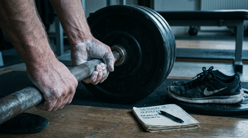 Chalk-covered hands gripping a barbell with running shoes in the background