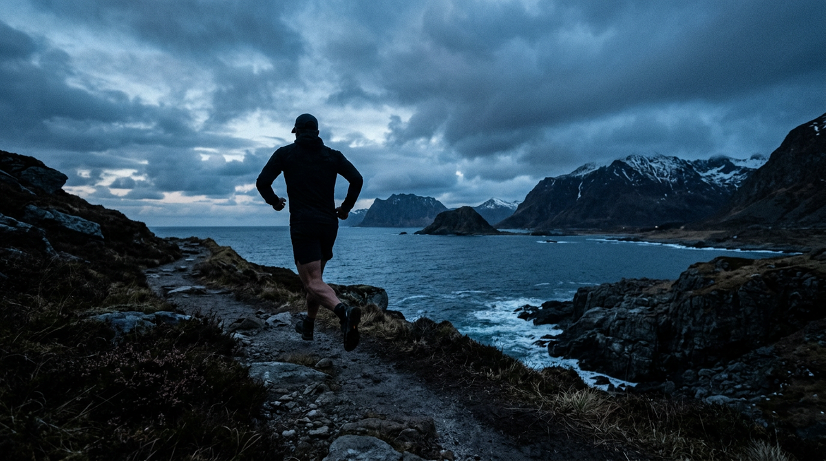 Muscular runner silhouette on a coastal Nordic trail at dusk