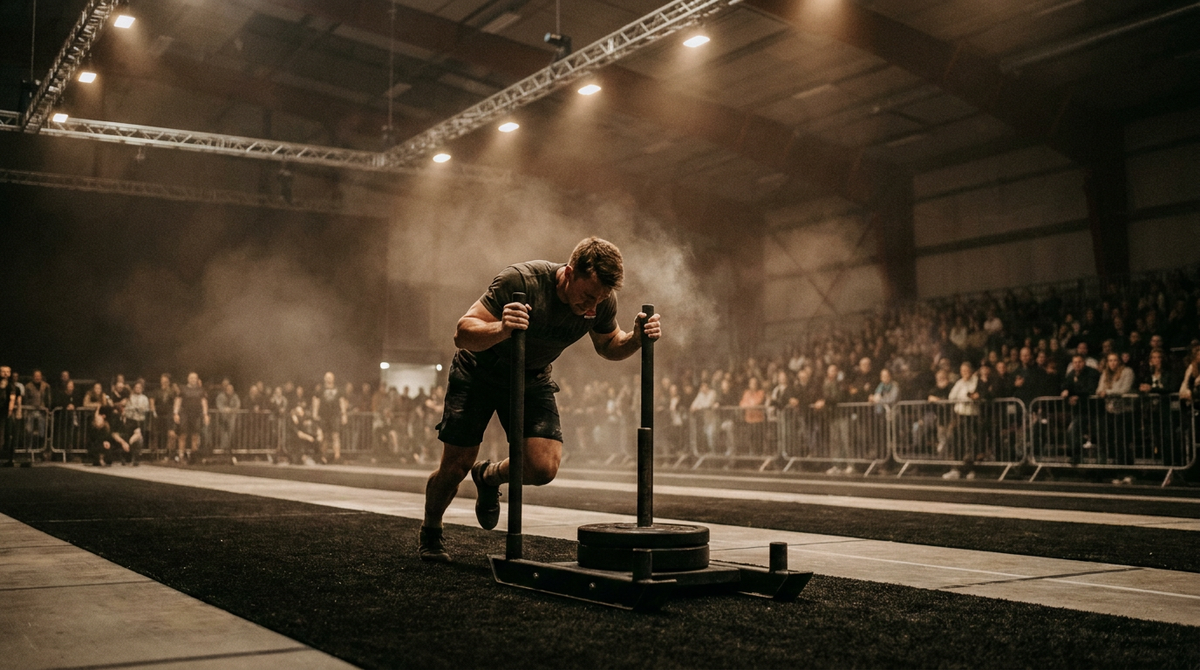 Athlete pushing a weighted sled in a dark Hyrox competition arena