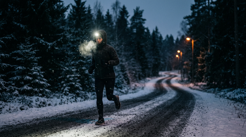 Runner with a headlamp on a dark snow-dusted Nordic road in winter twilight