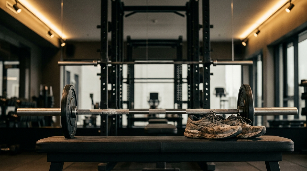Loaded bench press bar with chalk marks next to a pair of worn running shoes in a dark gym