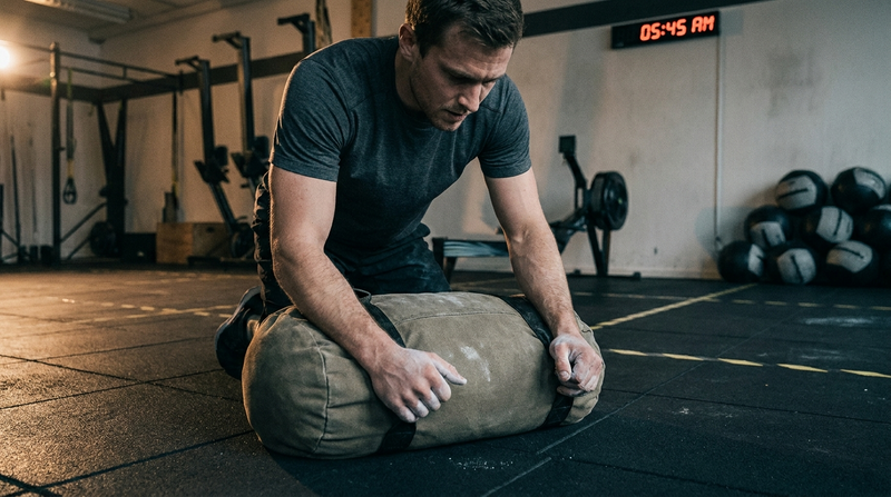 Athlete gripping a heavy sandbag in a dark functional training gym with rower and wall balls behind