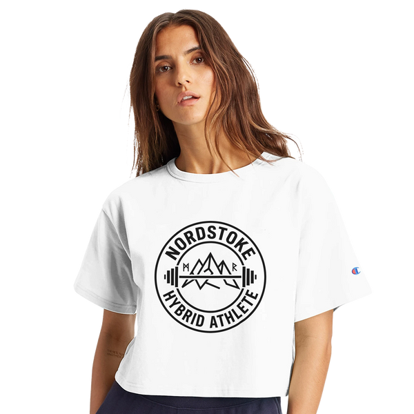 Nordstoke Badge crop tee, Norse barbell emblem print detail