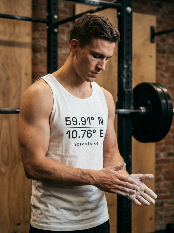 Male hybrid athlete wearing the Nordstoke men's tank top in a gym