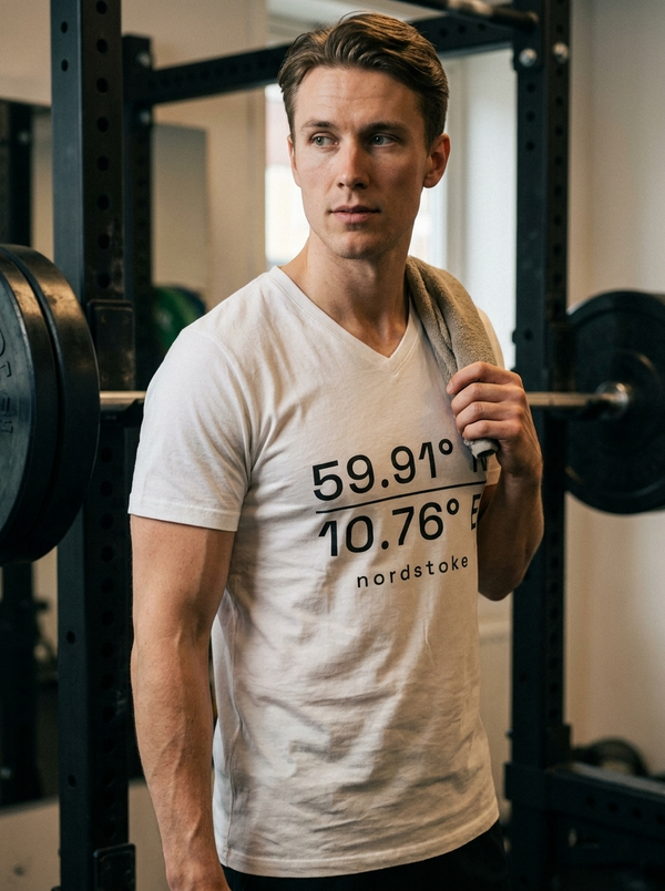Hybrid athlete wearing the Nordstoke heather V-neck training tee in a gym