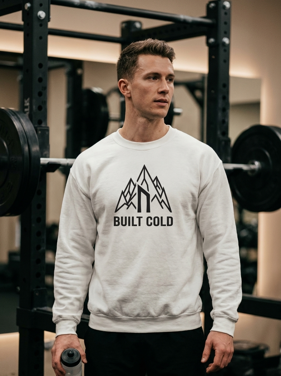 Hybrid athlete wearing the Nordstoke Built Cold crewneck with Norse mountain print in a gym
