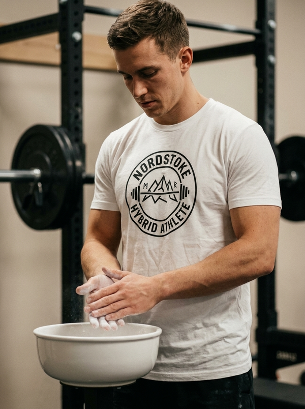 Hybrid athlete wearing the Nordstoke Badge tee with Norse barbell emblem in a gym