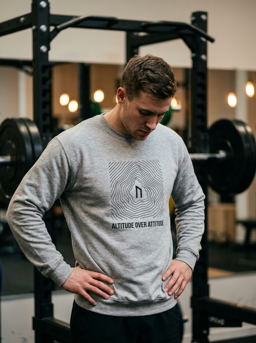 Hybrid athlete wearing the Nordstoke Altitude crewneck with topographic summit print in a gym