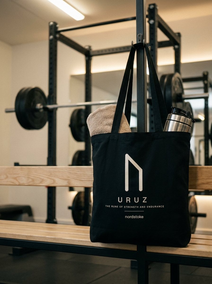 Nordstoke Uruz hybrid athlete tote bag with Uruz rune print, carried in a gym